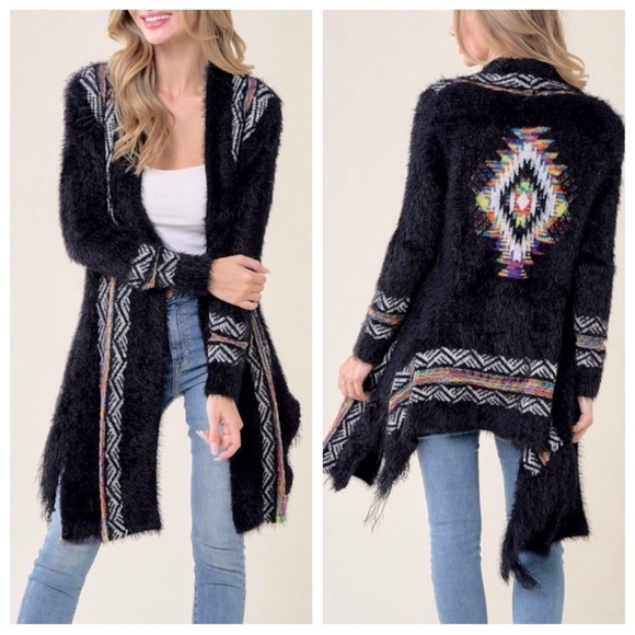 Aztec Print Long Sleeve Cotton Long Sleeves  Fringe Cardigan Bohemian Size S - Picture 1 of 11